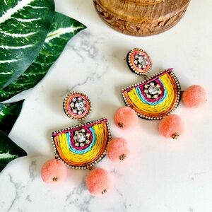 Peach Colorful Raffia Rhinestone Pom Earrings Mexican Vacation Party Boho NEW